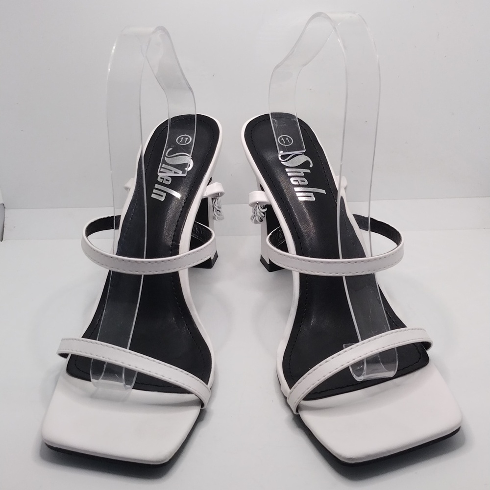WHITE SIZE 11 SLIDE ON MULES BY SHELN/ CHAIN EMBELLISHMENT